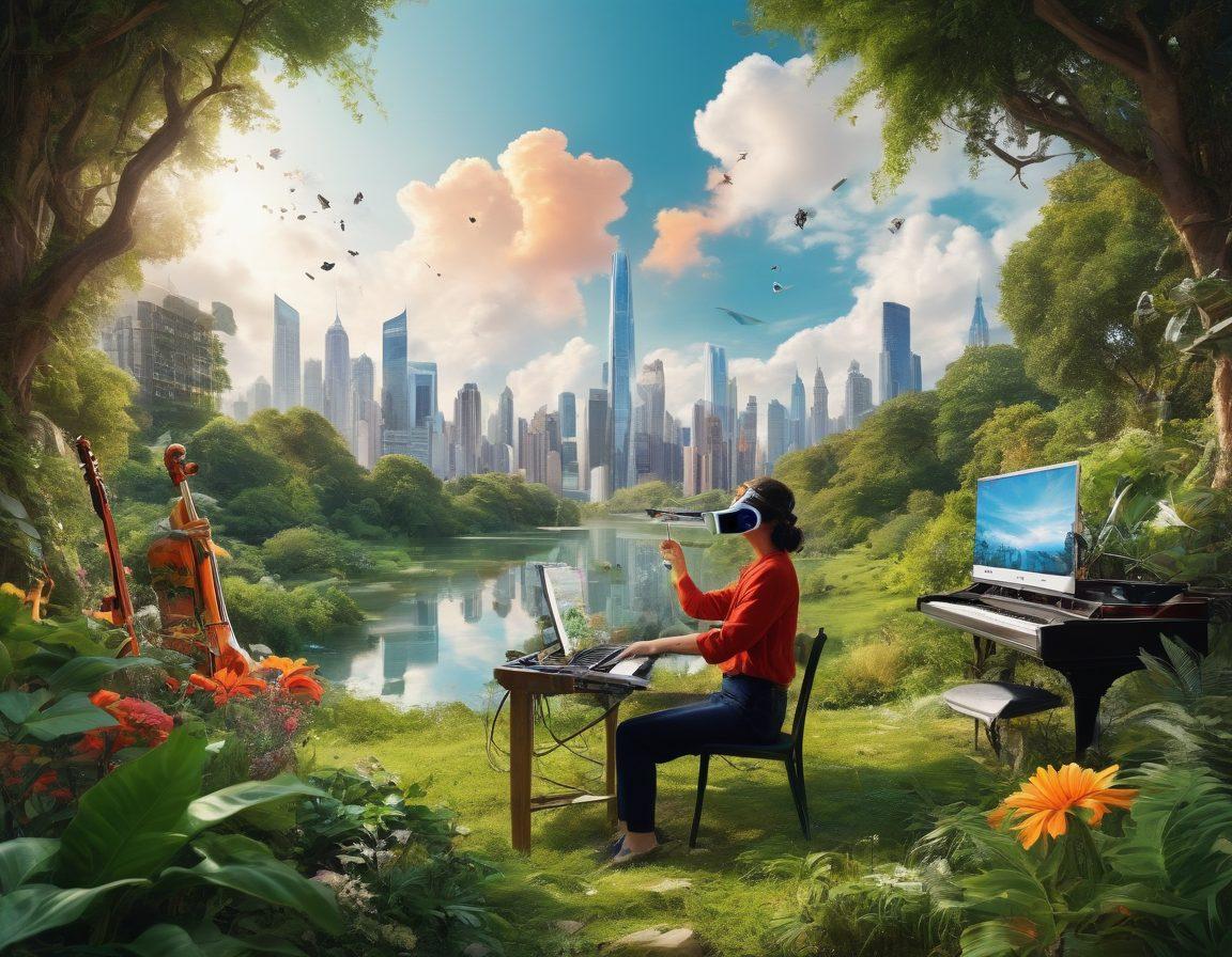 A dynamic collage showcasing elements of lifestyle, technology, and entertainment: a vibrant cityscape blending nature and tech gadgets, an artist painting on a canvas in the park, a stylish individual exploring virtual reality, and enchanting musical instruments scattered artistically. The image should evoke a sense of freedom and inspiration. ultra-modern. bright colors. mixed media.